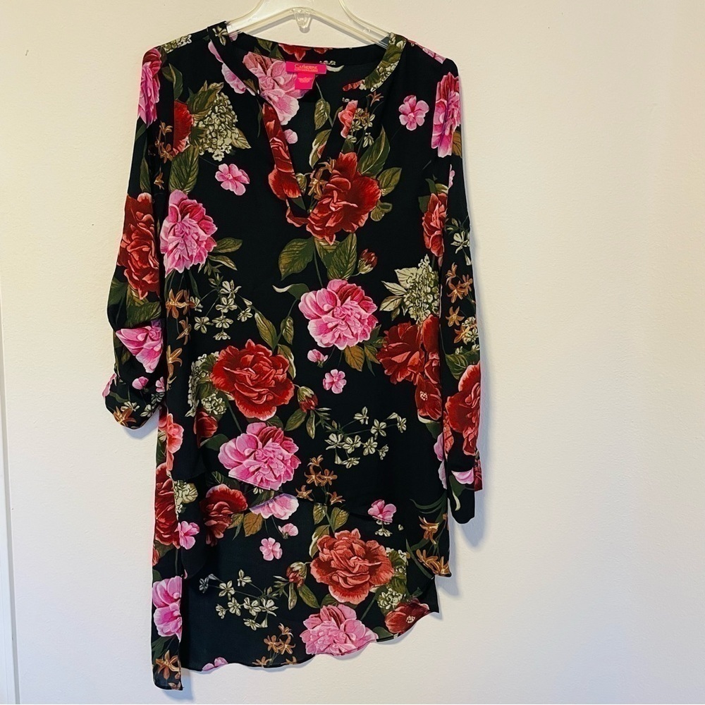 Catherine Womens S Tunic Top Floral Malandrino Asymmetrical Long Sleeve NEW - Picture 2 of 11
